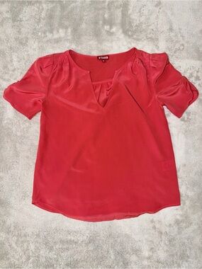 STAUD Silk Coral-Red V-Notch Short Sleeve Blouse Women’s Size XS